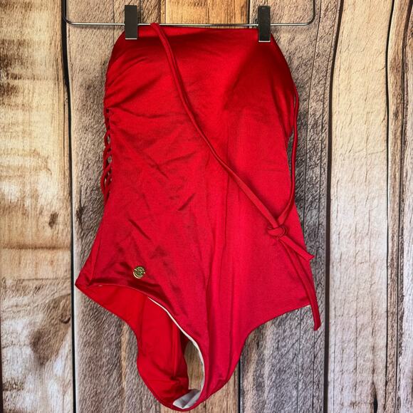 Leonisa Swim One Piece Sculpting Macramé Back Red Small Removeable Straps Beach - Picture 2 of 9